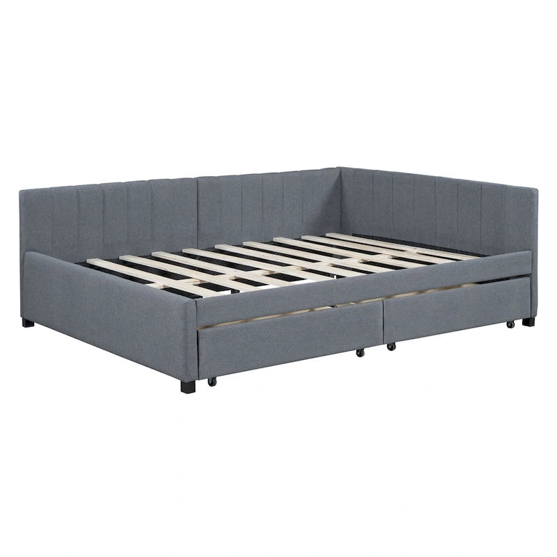 Lit de repos rembourré pleine grandeur avec 2 tiroirs de rangement, cadre de lit de jour, aucun sommier tapissier requis, tissu de lin, beige