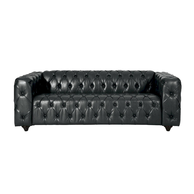 Canapé en similicuir noir, cadre en bois, 213 cm