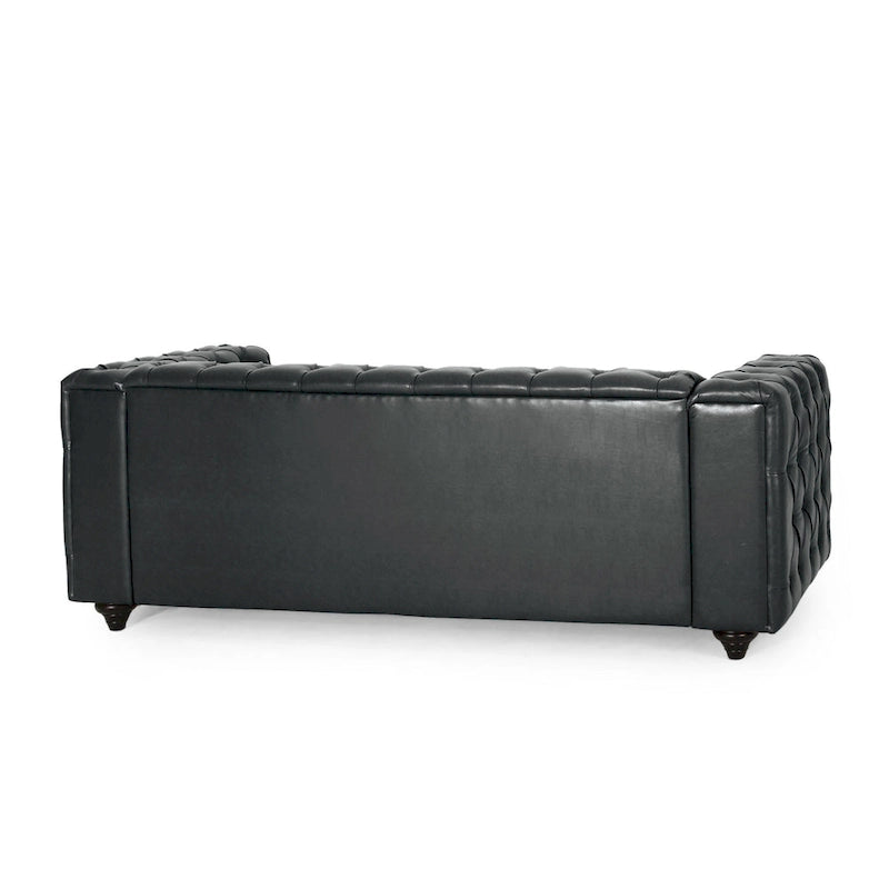 Canapé en similicuir noir, cadre en bois, 213 cm