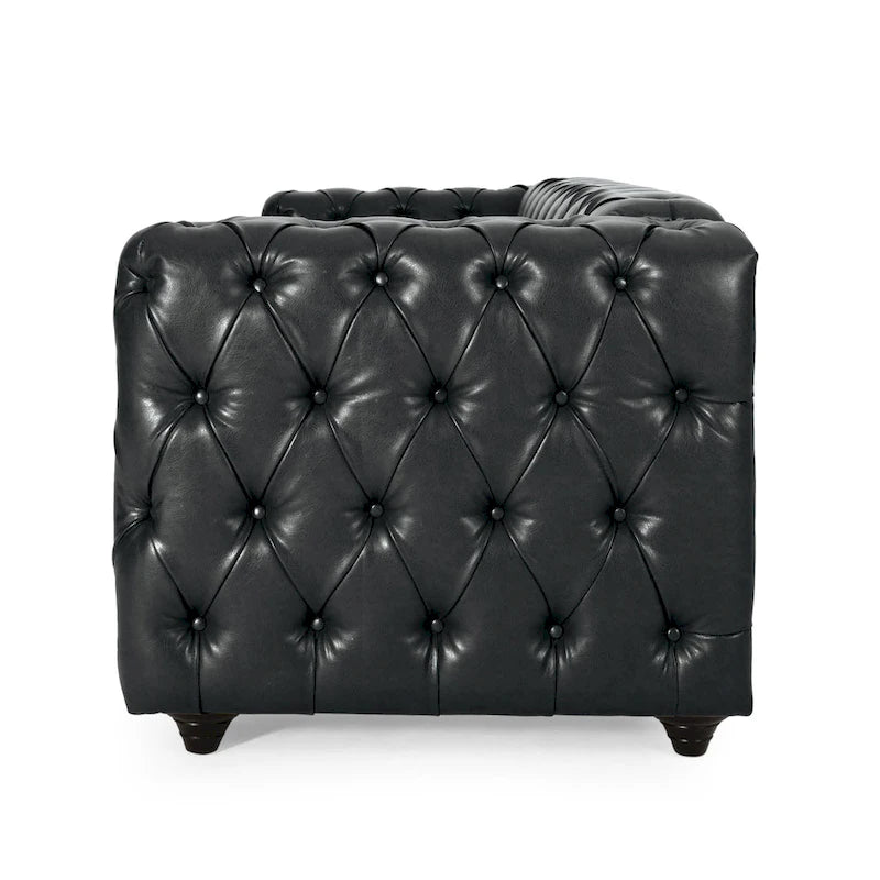 Canapé en similicuir noir, cadre en bois, 213 cm