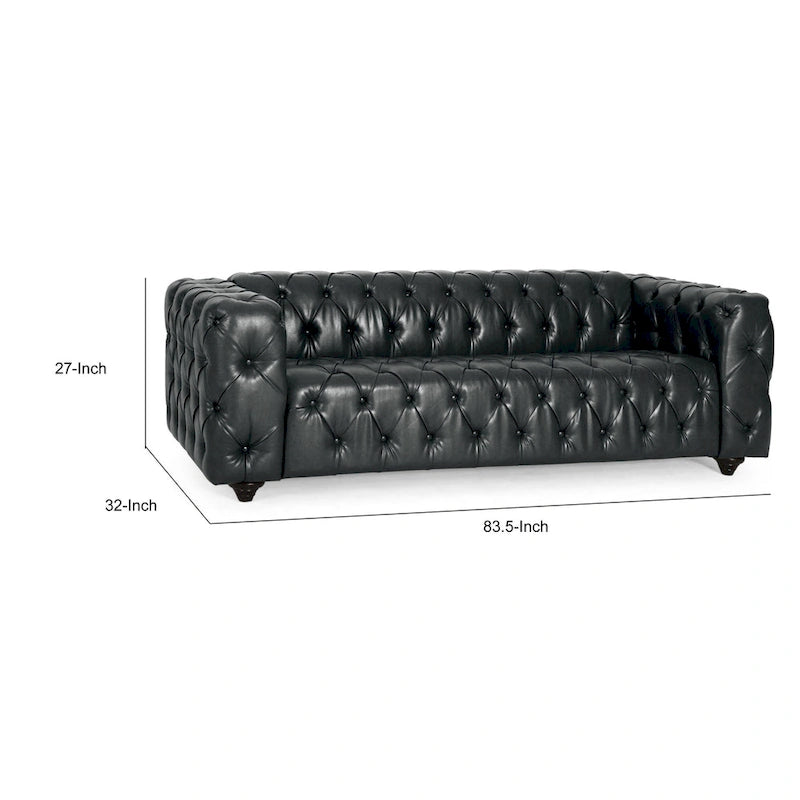 Canapé en similicuir noir, cadre en bois, 213 cm