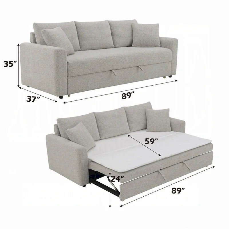Canapé-lit, grand lit pliant, 2 oreillers, bouclé gris, 226 cm