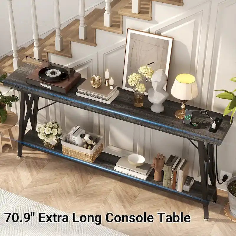 70.9 Table console extra longue Table de canapé avec station de recharge et étagère de rangement, Table d'entrée de couloir industrielle