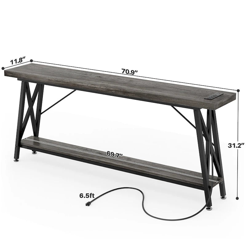70.9 Table console extra longue Table de canapé avec station de recharge et étagère de rangement, Table d'entrée de couloir industrielle