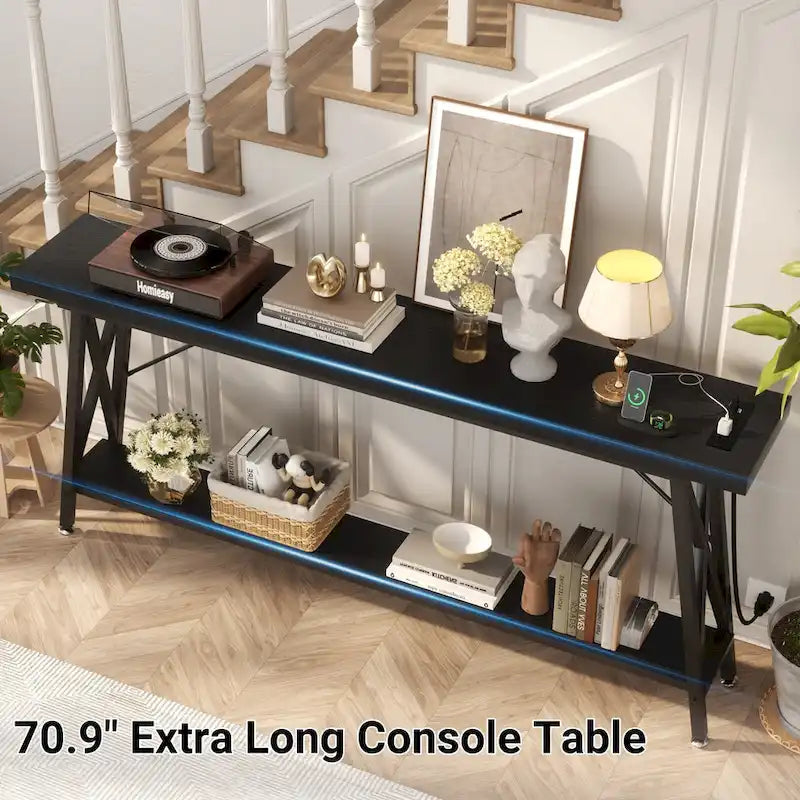 70.9 Table console extra longue Table de canapé avec station de recharge et étagère de rangement, Table d'entrée de couloir industrielle