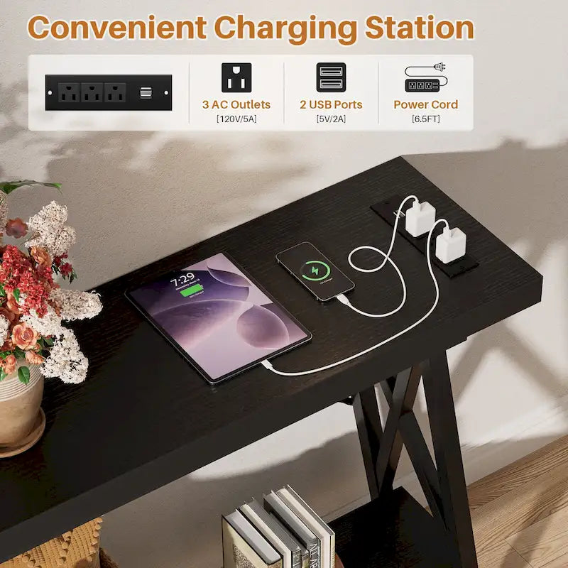 70.9 Table console extra longue Table de canapé avec station de recharge et étagère de rangement, Table d'entrée de couloir industrielle
