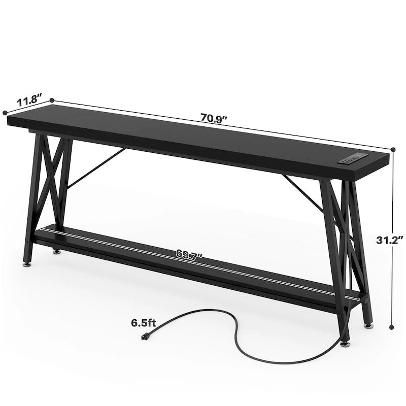 70.9 Table console extra longue Table de canapé avec station de recharge et étagère de rangement, Table d'entrée de couloir industrielle