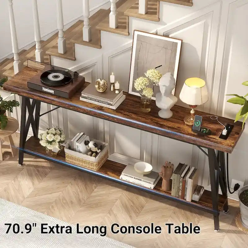 70.9 Table console extra longue Table de canapé avec station de recharge et étagère de rangement, Table d'entrée de couloir industrielle