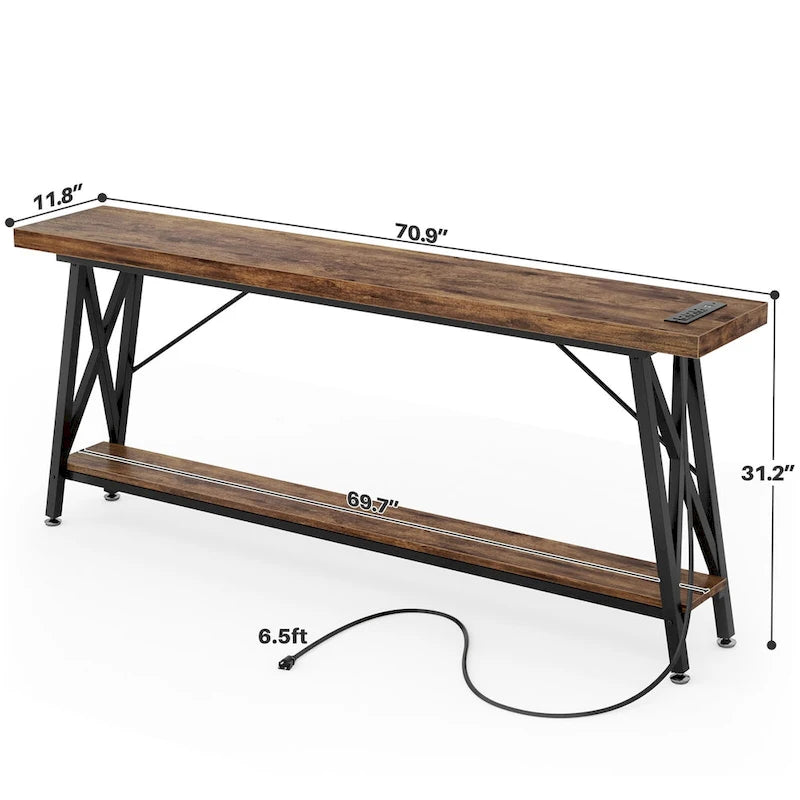 70.9 Table console extra longue Table de canapé avec station de recharge et étagère de rangement, Table d'entrée de couloir industrielle