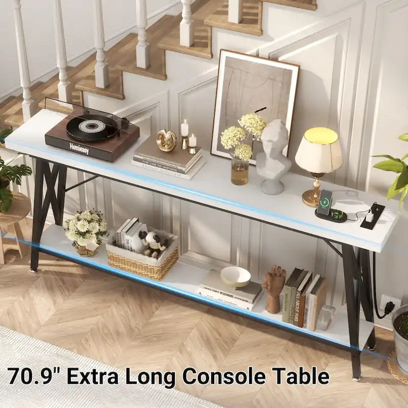 70.9 Table console extra longue Table de canapé avec station de recharge et étagère de rangement, Table d'entrée de couloir industrielle