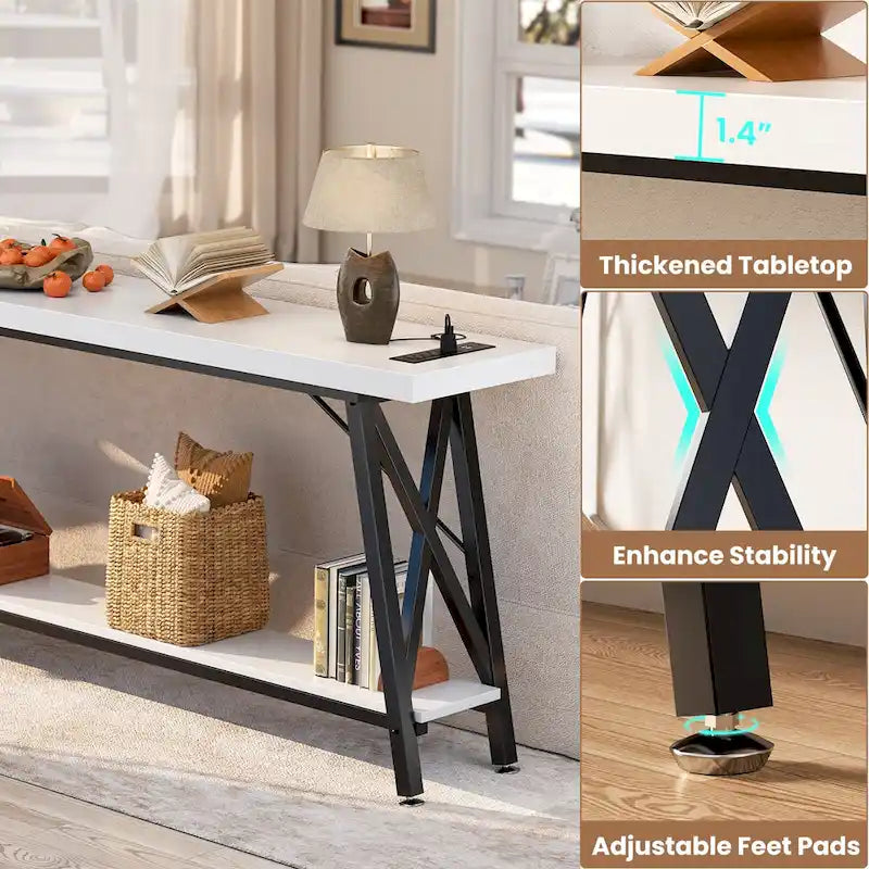 70.9 Table console extra longue Table de canapé avec station de recharge et étagère de rangement, Table d'entrée de couloir industrielle