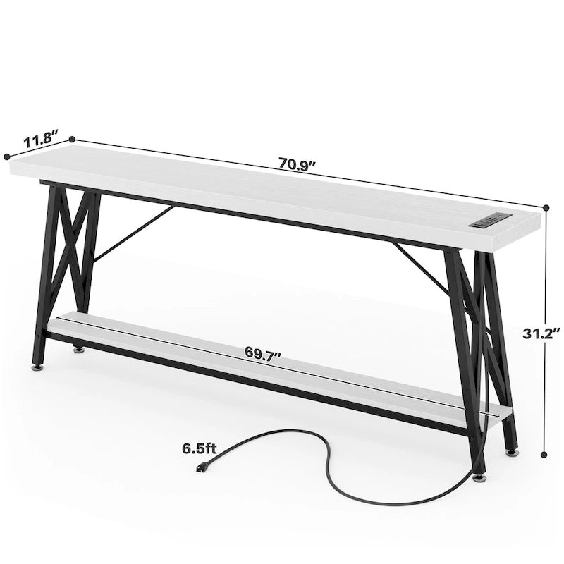 70.9 Table console extra longue Table de canapé avec station de recharge et étagère de rangement, Table d'entrée de couloir industrielle