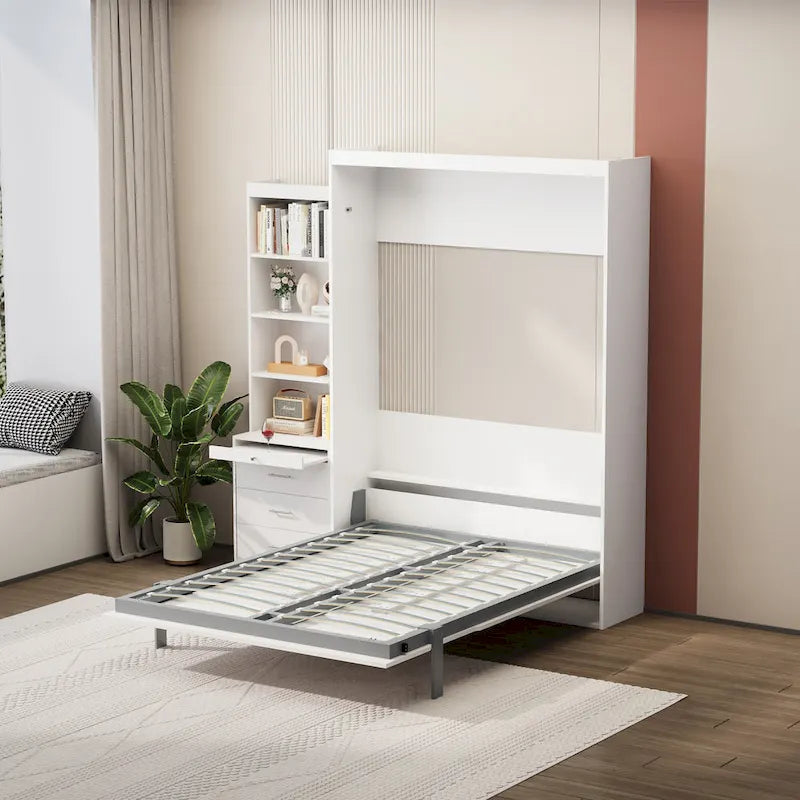 Lit escamotable blanc pleine grandeur avec étagères et tiroirs intégrés - Mécanisme à vérins à gaz