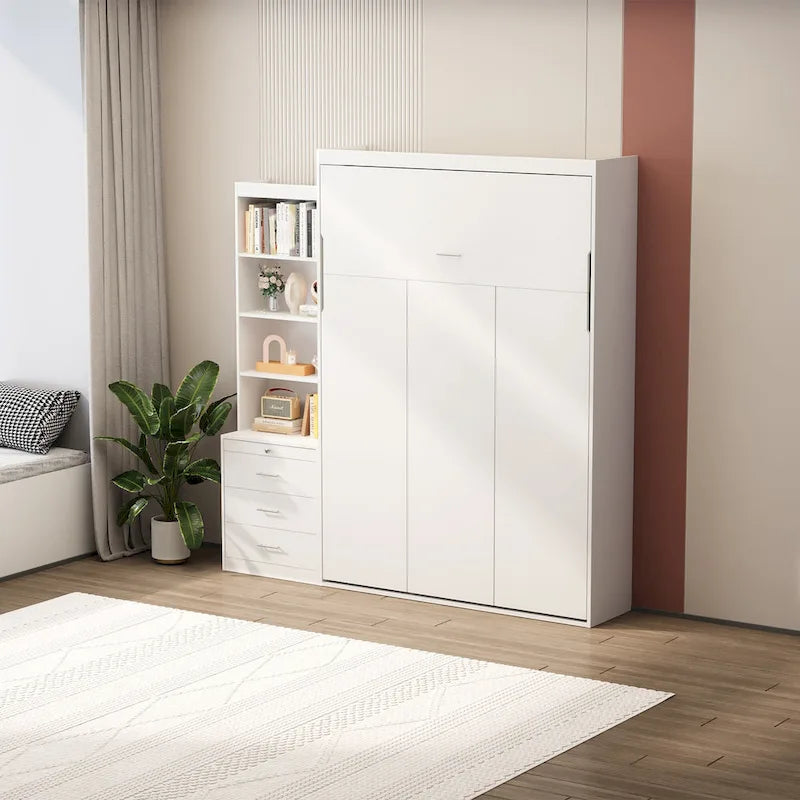 Lit escamotable blanc pleine grandeur avec étagères et tiroirs intégrés - Mécanisme à vérins à gaz