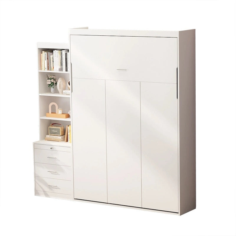 Lit escamotable blanc pleine grandeur avec étagères et tiroirs intégrés - Mécanisme à vérins à gaz