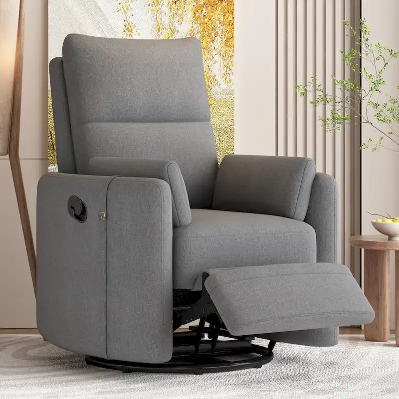 Fauteuil inclinable, pivotant et à bascule capitonné beige avec inclinaison manuelle, pivotement à 360° et deux coussins amovibles