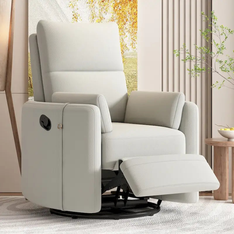 Fauteuil inclinable, pivotant et à bascule capitonné beige avec inclinaison manuelle, pivotement à 360° et deux coussins amovibles