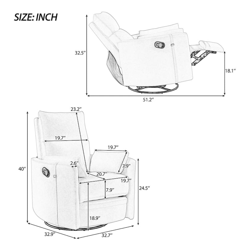 Fauteuil inclinable, pivotant et à bascule capitonné beige avec inclinaison manuelle, pivotement à 360° et deux coussins amovibles