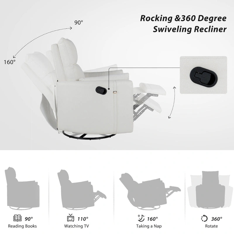 Fauteuil inclinable, pivotant et à bascule capitonné beige avec inclinaison manuelle, pivotement à 360° et deux coussins amovibles