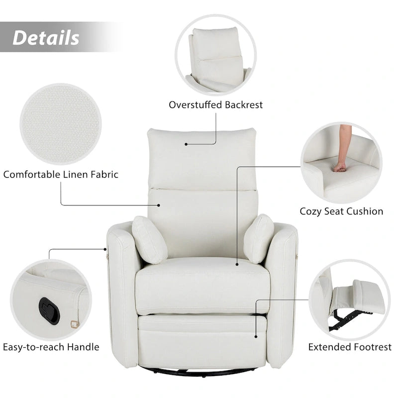 Fauteuil inclinable, pivotant et à bascule capitonné beige avec inclinaison manuelle, pivotement à 360° et deux coussins amovibles