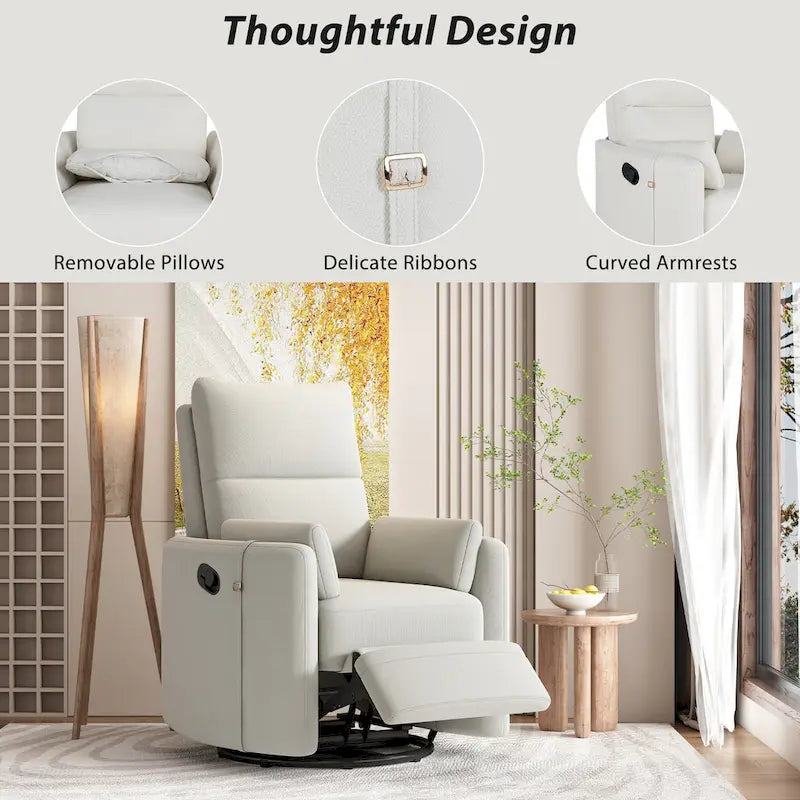 Fauteuil inclinable, pivotant et à bascule capitonné beige avec inclinaison manuelle, pivotement à 360° et deux coussins amovibles