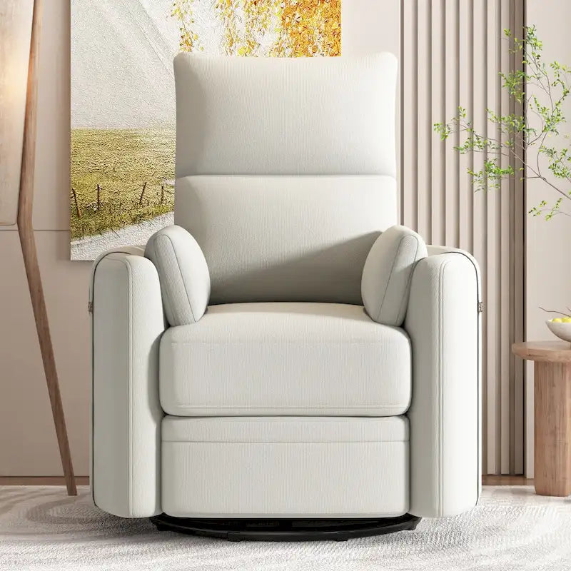Fauteuil inclinable, pivotant et à bascule capitonné beige avec inclinaison manuelle, pivotement à 360° et deux coussins amovibles