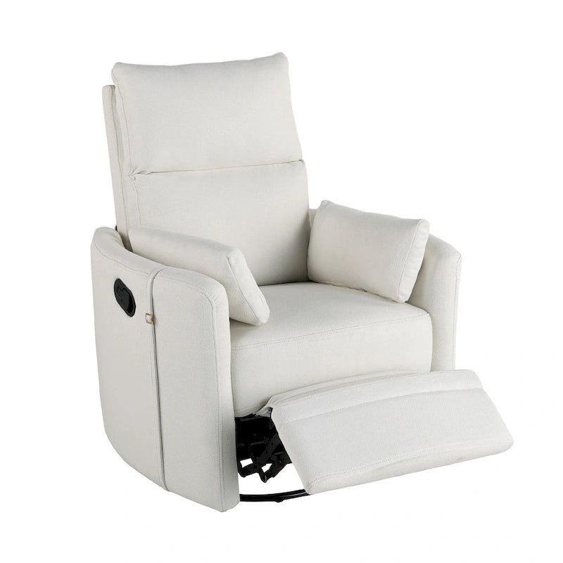 Fauteuil inclinable, pivotant et à bascule capitonné beige avec inclinaison manuelle, pivotement à 360° et deux coussins amovibles