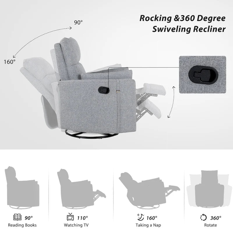 Fauteuil inclinable, pivotant et à bascule capitonné beige avec inclinaison manuelle, pivotement à 360° et deux coussins amovibles