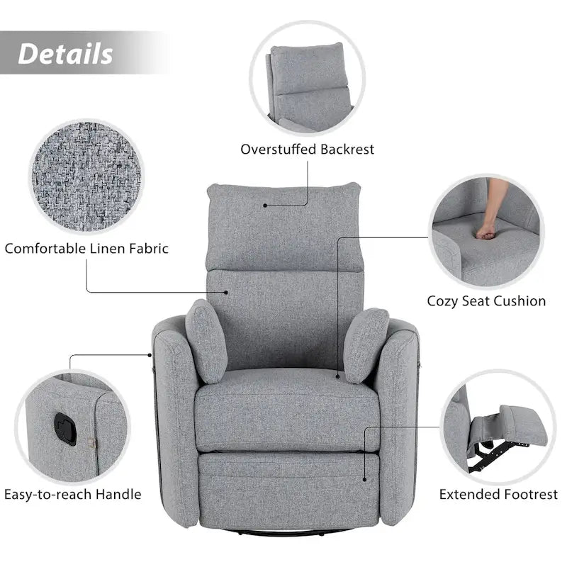Fauteuil inclinable, pivotant et à bascule capitonné beige avec inclinaison manuelle, pivotement à 360° et deux coussins amovibles