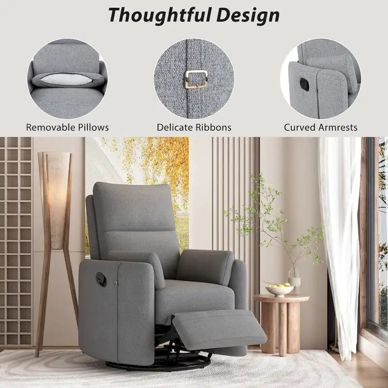 Fauteuil inclinable, pivotant et à bascule capitonné beige avec inclinaison manuelle, pivotement à 360° et deux coussins amovibles