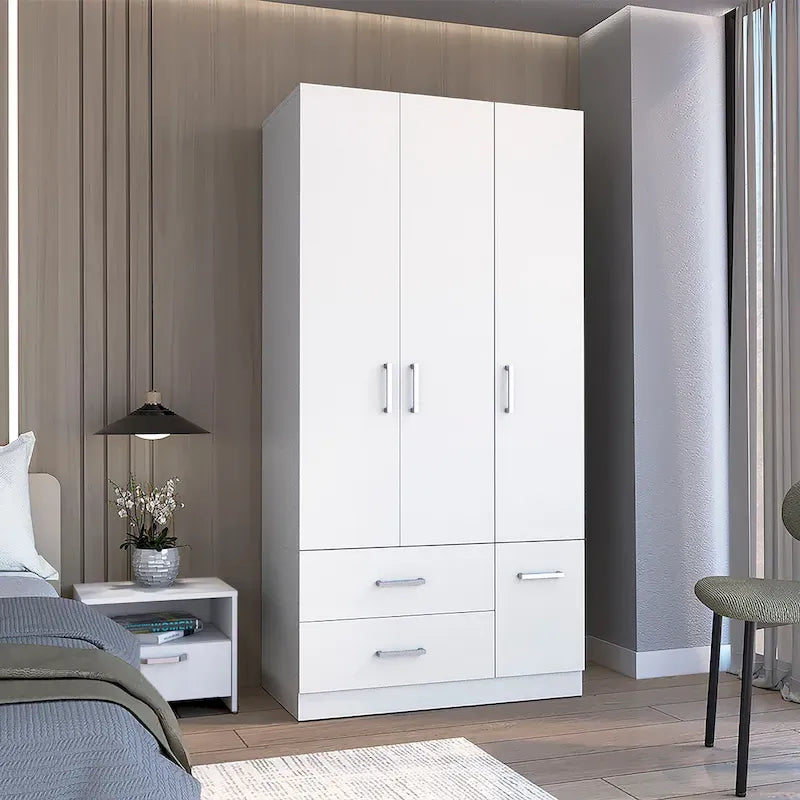 35.4 Armoire moderne à quatre portes avec 2 tiroirs, six étagères et une tringle de penderie