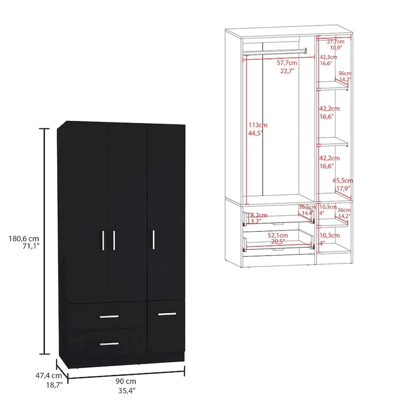 35.4 Armoire moderne à quatre portes avec 2 tiroirs, six étagères et une tringle de penderie