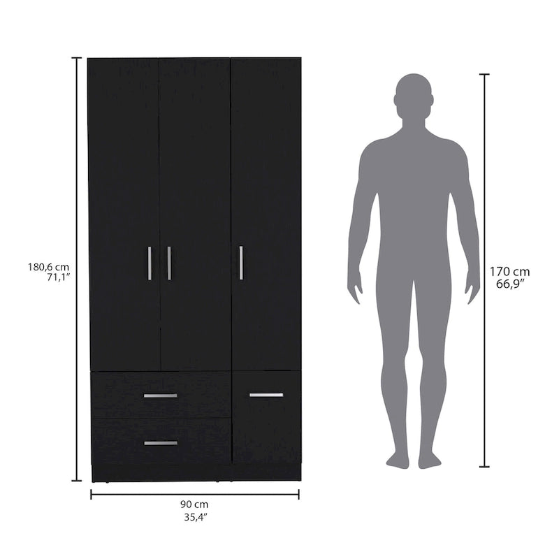 35.4 Armoire moderne à quatre portes avec 2 tiroirs, six étagères et une tringle de penderie