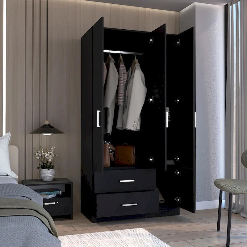 35.4 Armoire moderne à quatre portes avec 2 tiroirs, six étagères et une tringle de penderie