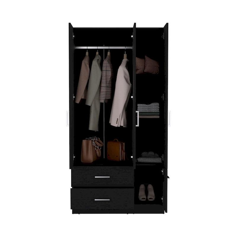 35.4 Armoire moderne à quatre portes avec 2 tiroirs, six étagères et une tringle de penderie