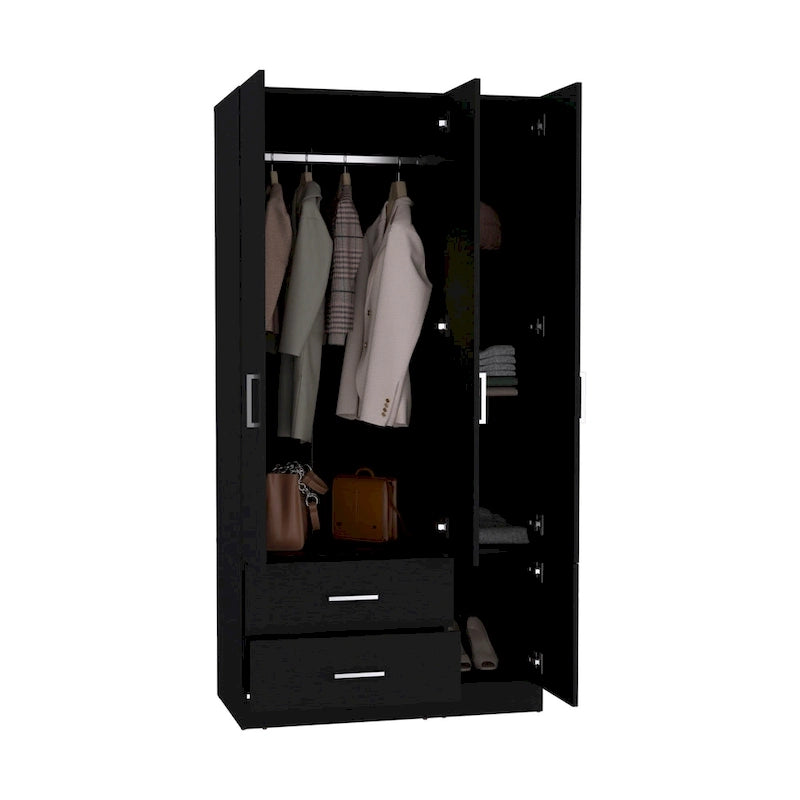 35.4 Armoire moderne à quatre portes avec 2 tiroirs, six étagères et une tringle de penderie