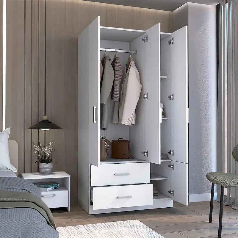 35.4 Armoire moderne à quatre portes avec 2 tiroirs, six étagères et une tringle de penderie