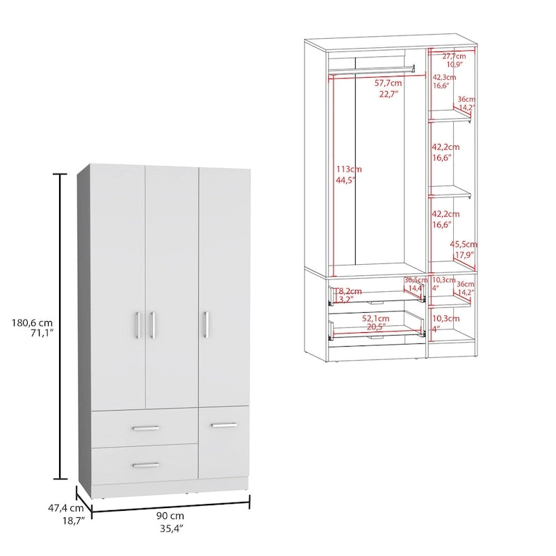 35.4 Armoire moderne à quatre portes avec 2 tiroirs, six étagères et une tringle de penderie