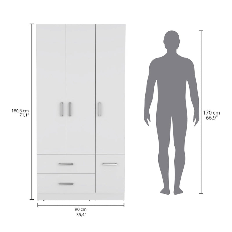 35.4 Armoire moderne à quatre portes avec 2 tiroirs, six étagères et une tringle de penderie