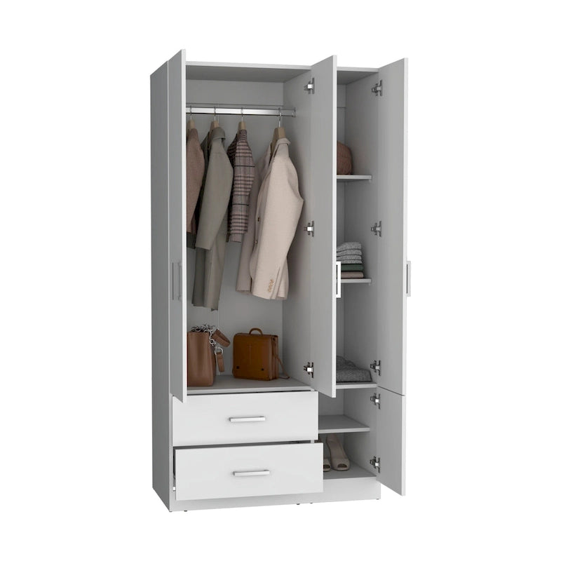 35.4 Armoire moderne à quatre portes avec 2 tiroirs, six étagères et une tringle de penderie