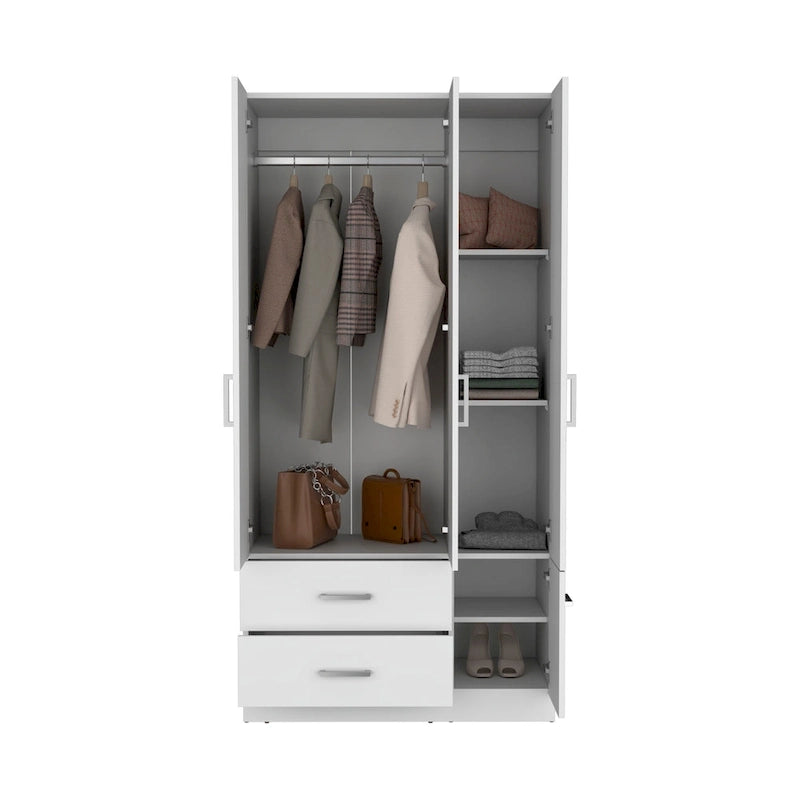 35.4 Armoire moderne à quatre portes avec 2 tiroirs, six étagères et une tringle de penderie