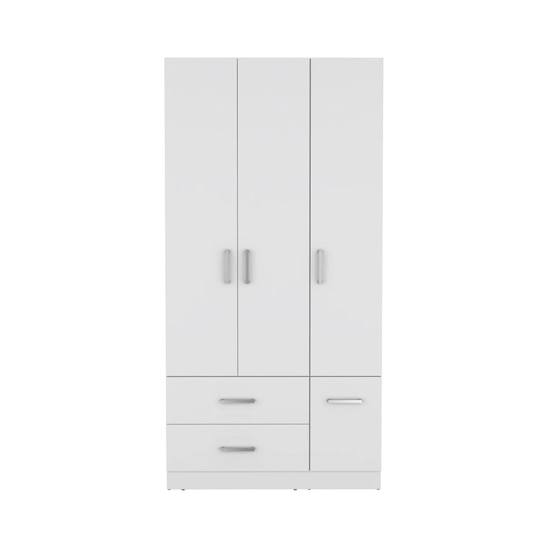 35.4 Armoire moderne à quatre portes avec 2 tiroirs, six étagères et une tringle de penderie
