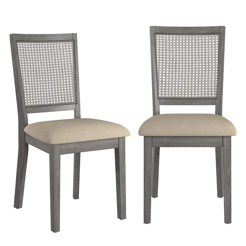 Chaises de salle à manger en lin beige et dossier en rotin (lot de 2)
