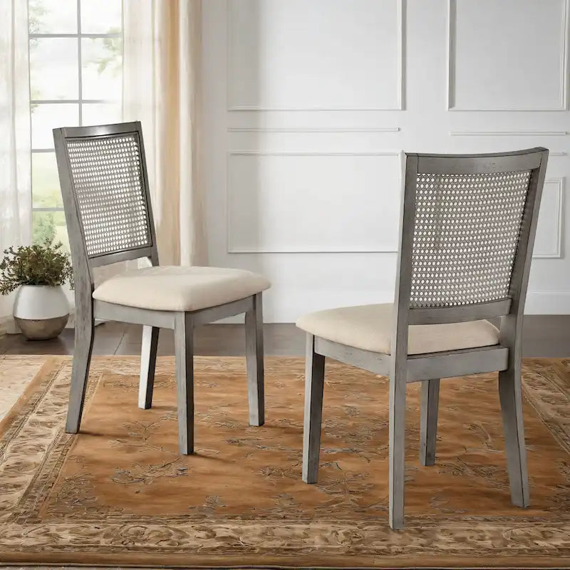 Chaises de salle à manger en lin beige et dossier en rotin (lot de 2)