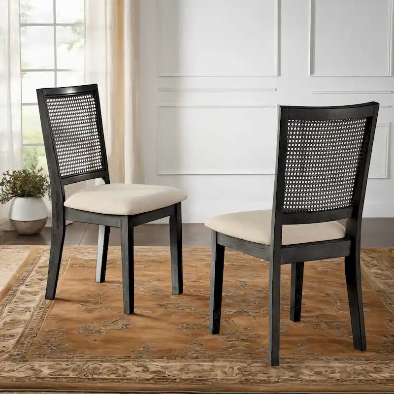 Chaises de salle à manger en lin beige et dossier en rotin (lot de 2)