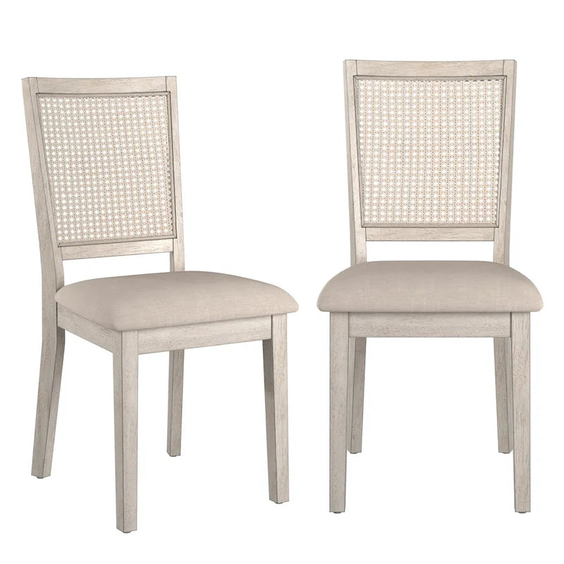 Chaises de salle à manger en lin beige et dossier en rotin (lot de 2)