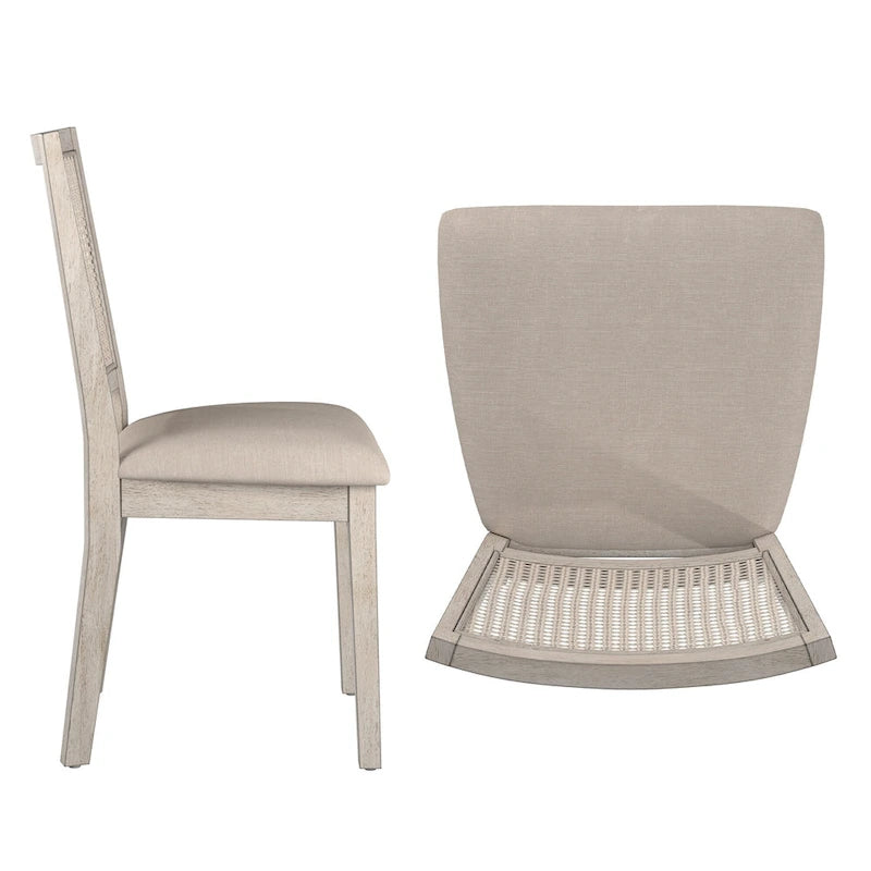 Chaises de salle à manger en lin beige et dossier en rotin (lot de 2)