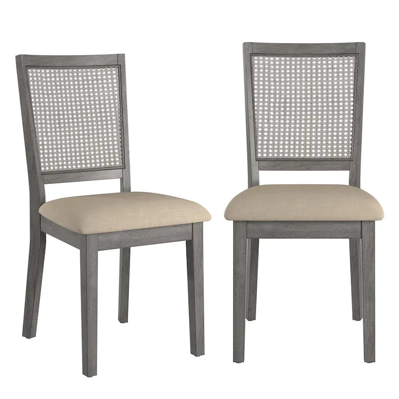 Chaises de salle à manger en lin beige et dossier en rotin (lot de 2)