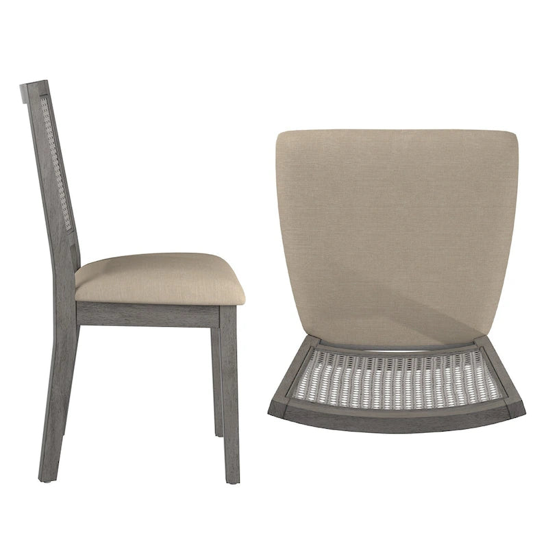 Chaises de salle à manger en lin beige et dossier en rotin (lot de 2)