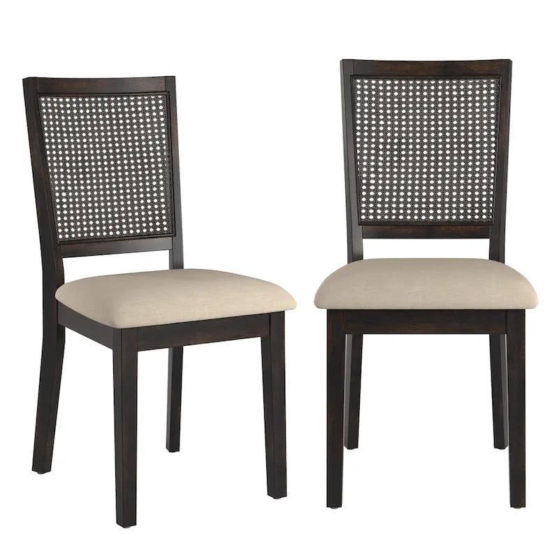 Chaises de salle à manger en lin beige et dossier en rotin (lot de 2)